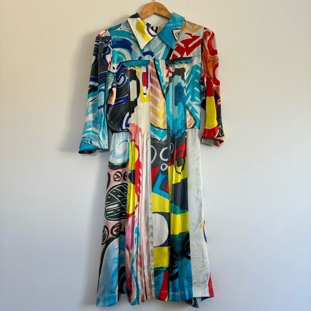 Charles Jeffrey LOVERBOY Pleated Abstract Print Silk Dress XS Designer - Picture 2 of 8